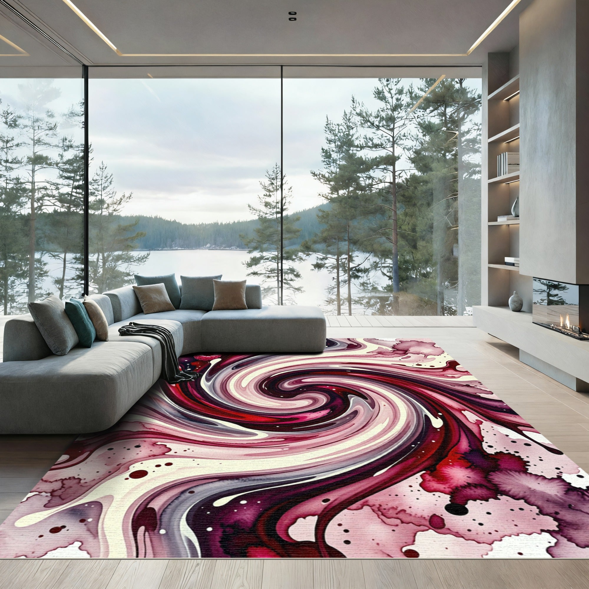 Raspberry Swirl Abstract Watercolor Rug