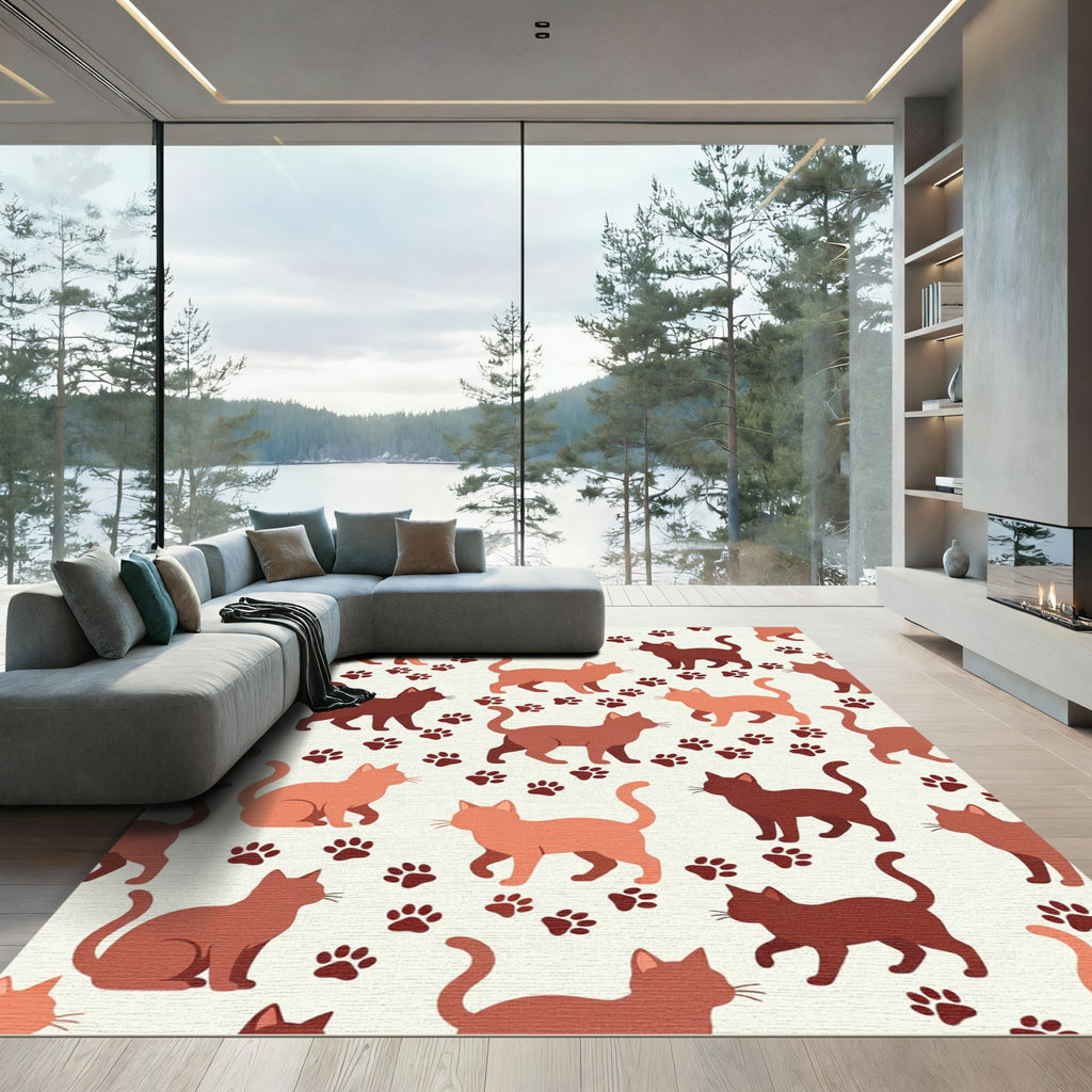 Whimsical Terracotta Cat and Paw Rug