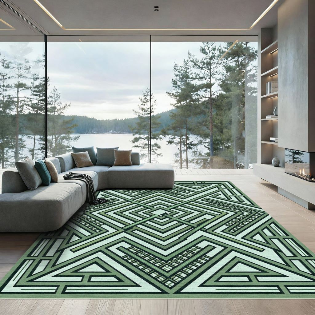 Sage Green Art Deco Geometric Labyrinth Rug