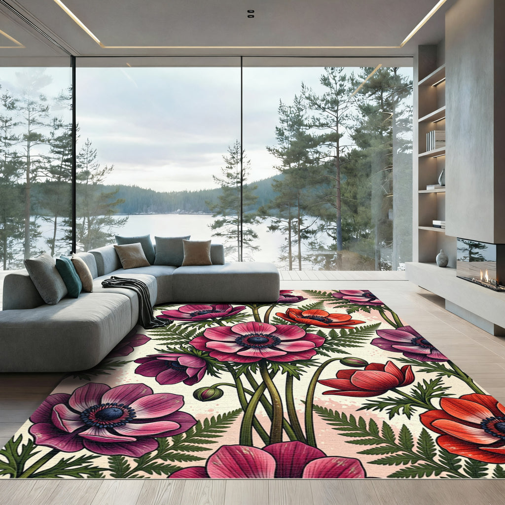 Vibrant Pink and Red Botanical Anemone Rug