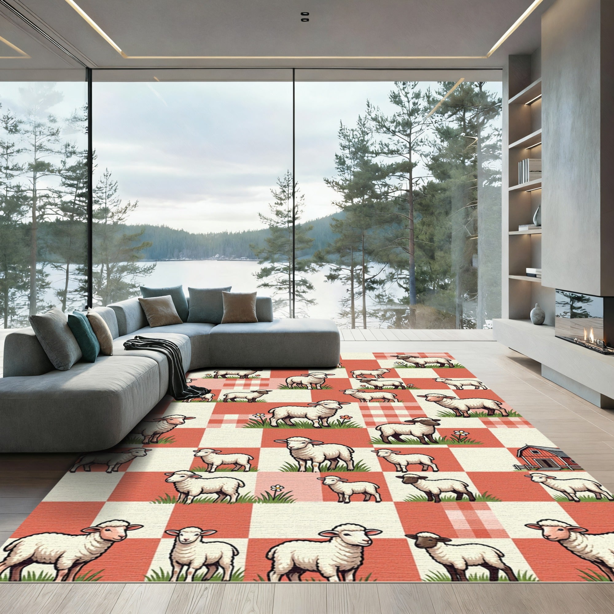 Cute Sheep on Red Gingham Check Rug