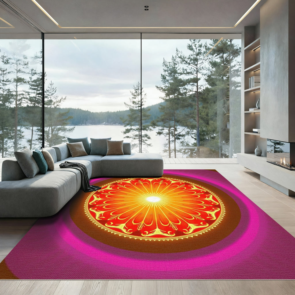 Radiant Sunburst Mandala Crimson Gold Rug