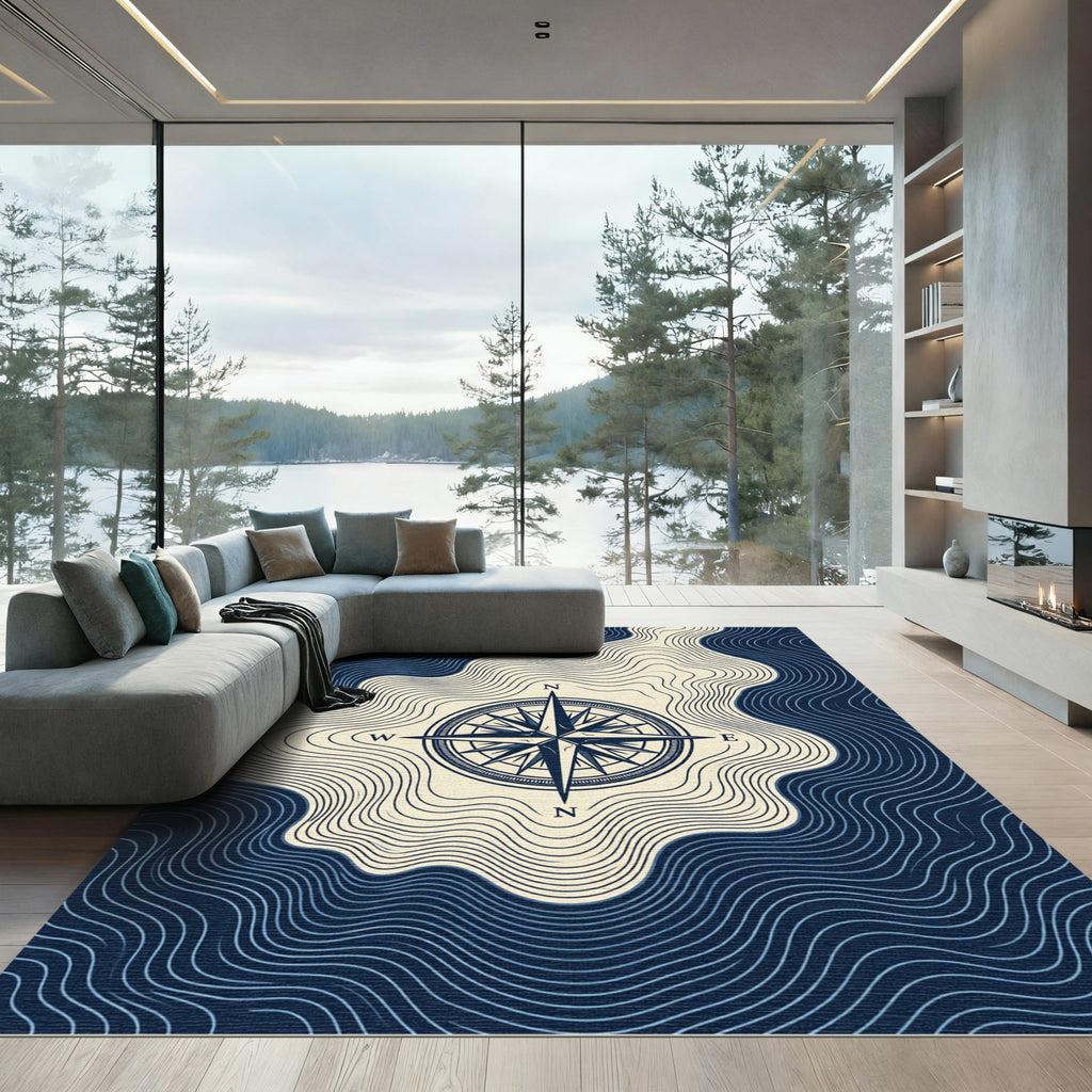 Navy Nautical Compass topographic Swirl Rug