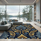 Elegant Gold and Navy Damask Foliage Rug
