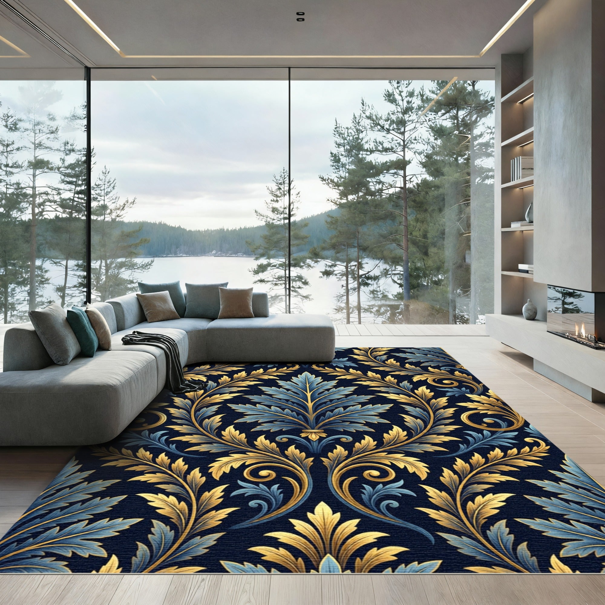 Elegant Gold and Navy Damask Foliage Rug
