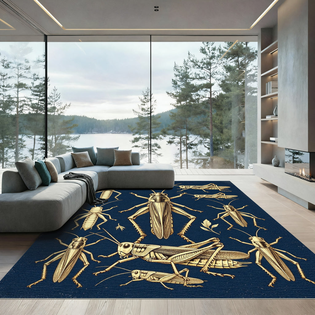 Vintage Golden Grasshopper Entomological Navy Rug