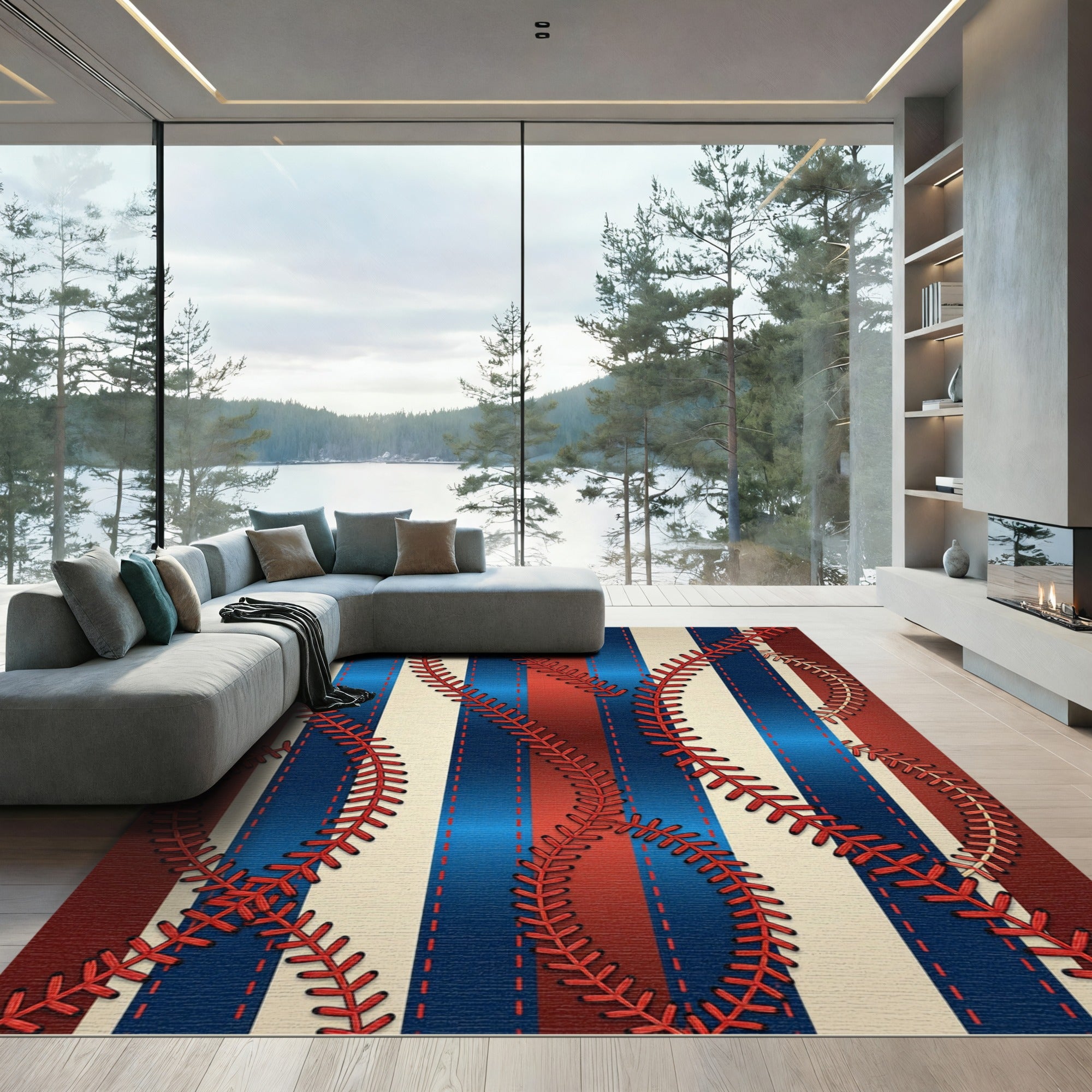 Stitched Baseball Ribbon Stripes Red Blue Rug