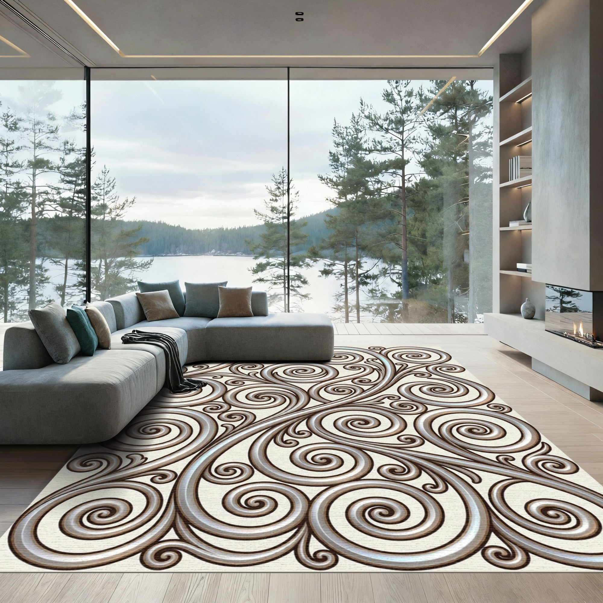 Metallic Silver Swirl Scroll Rug