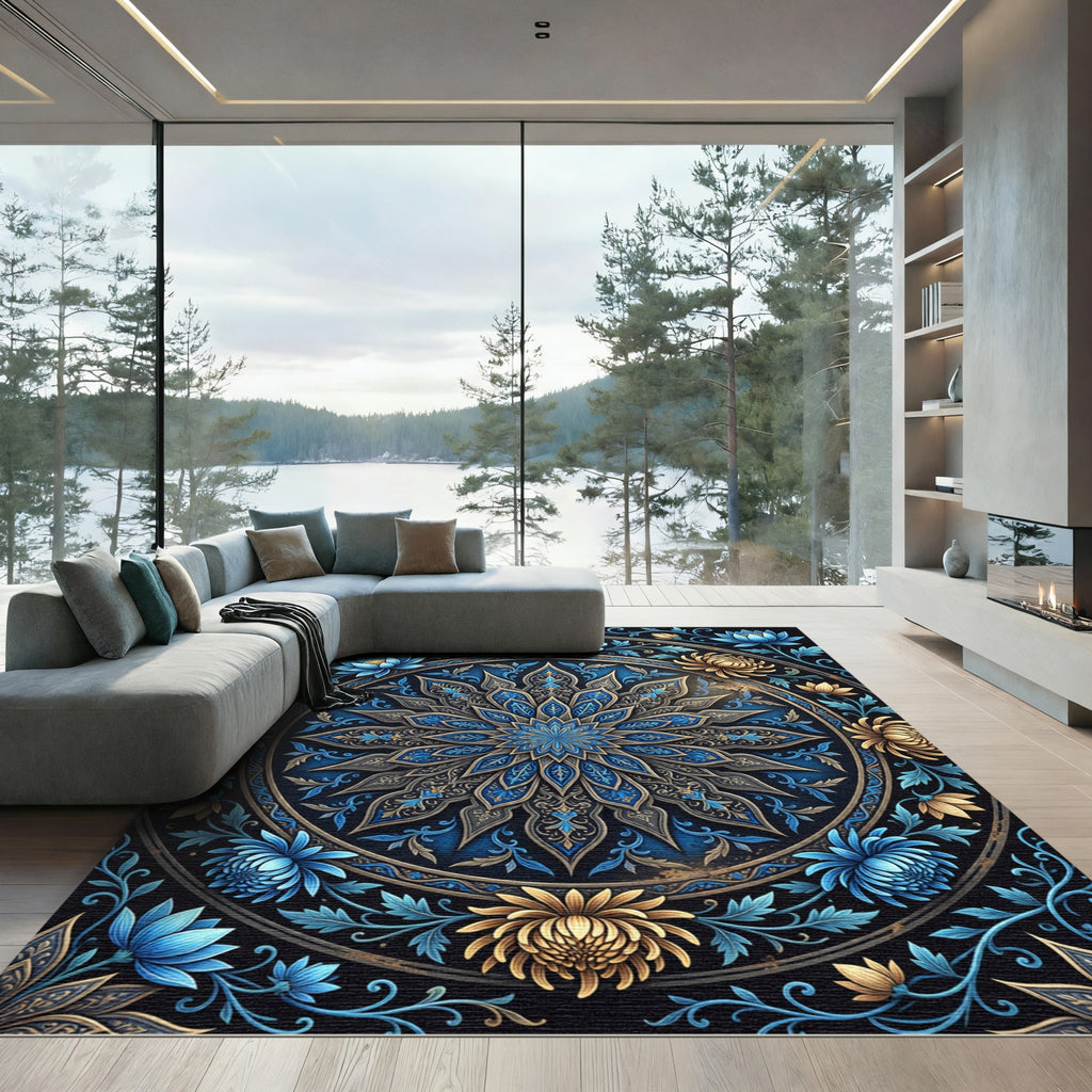 Intricate Blue and Gold Floral Mandala Rug