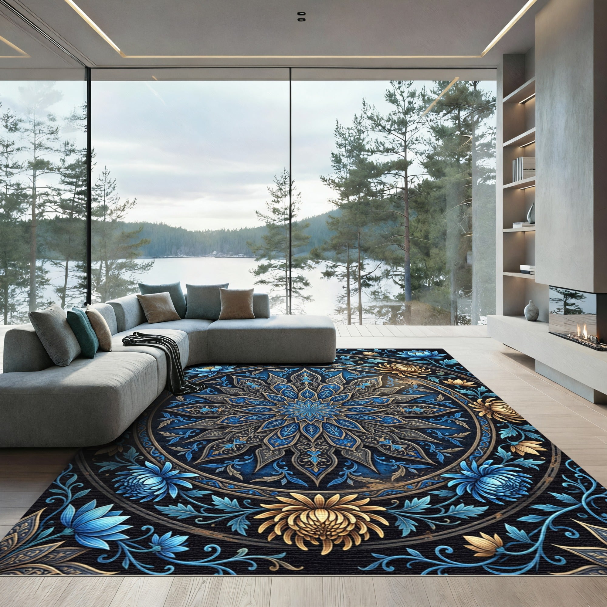 Intricate Blue and Gold Floral Mandala Rug