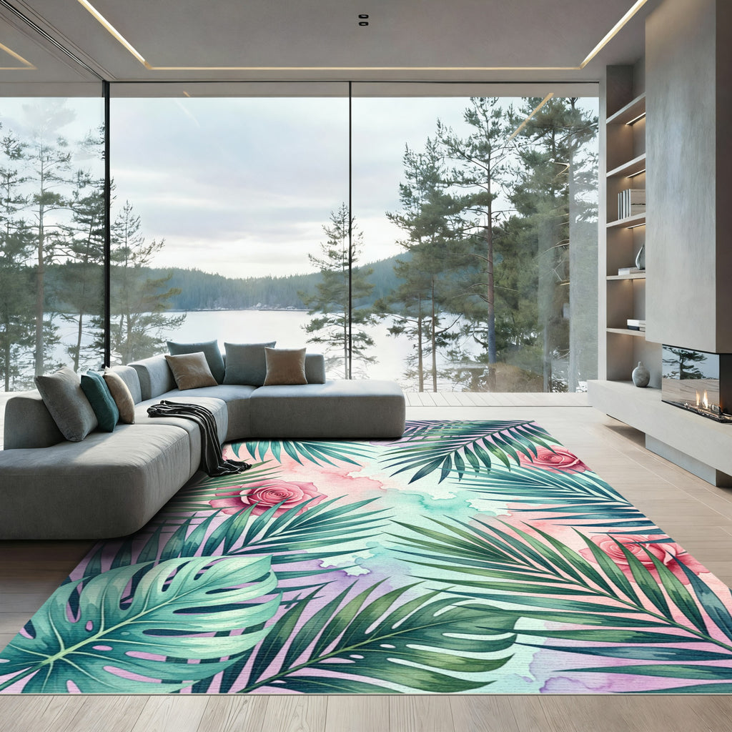 Watercolor Pastel Rose and Tropical Leaf Rug