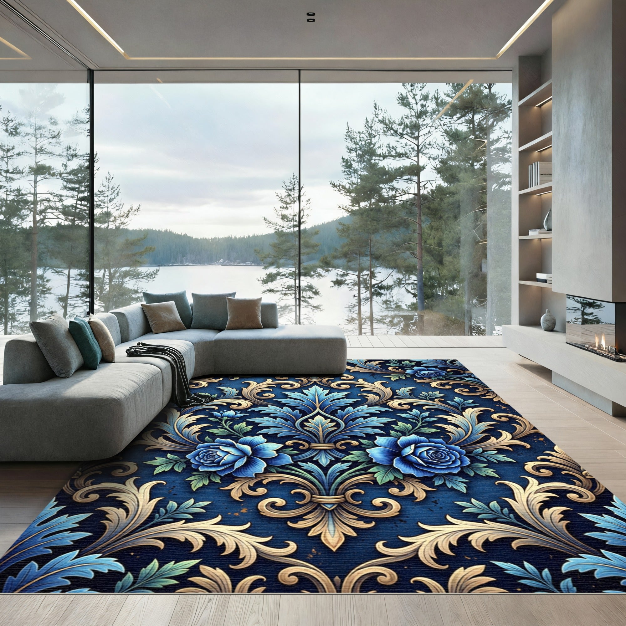 Royal Blue Damask Gold Floral Scroll Rug