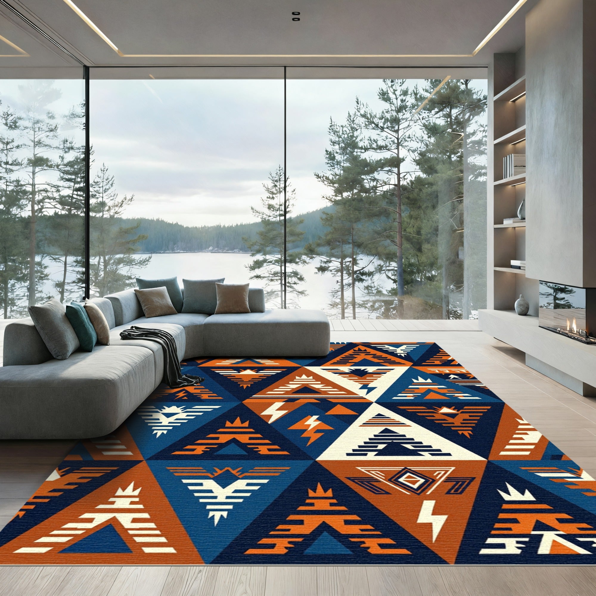 Geometric Triangles in Burnt Orange Navy Rug
