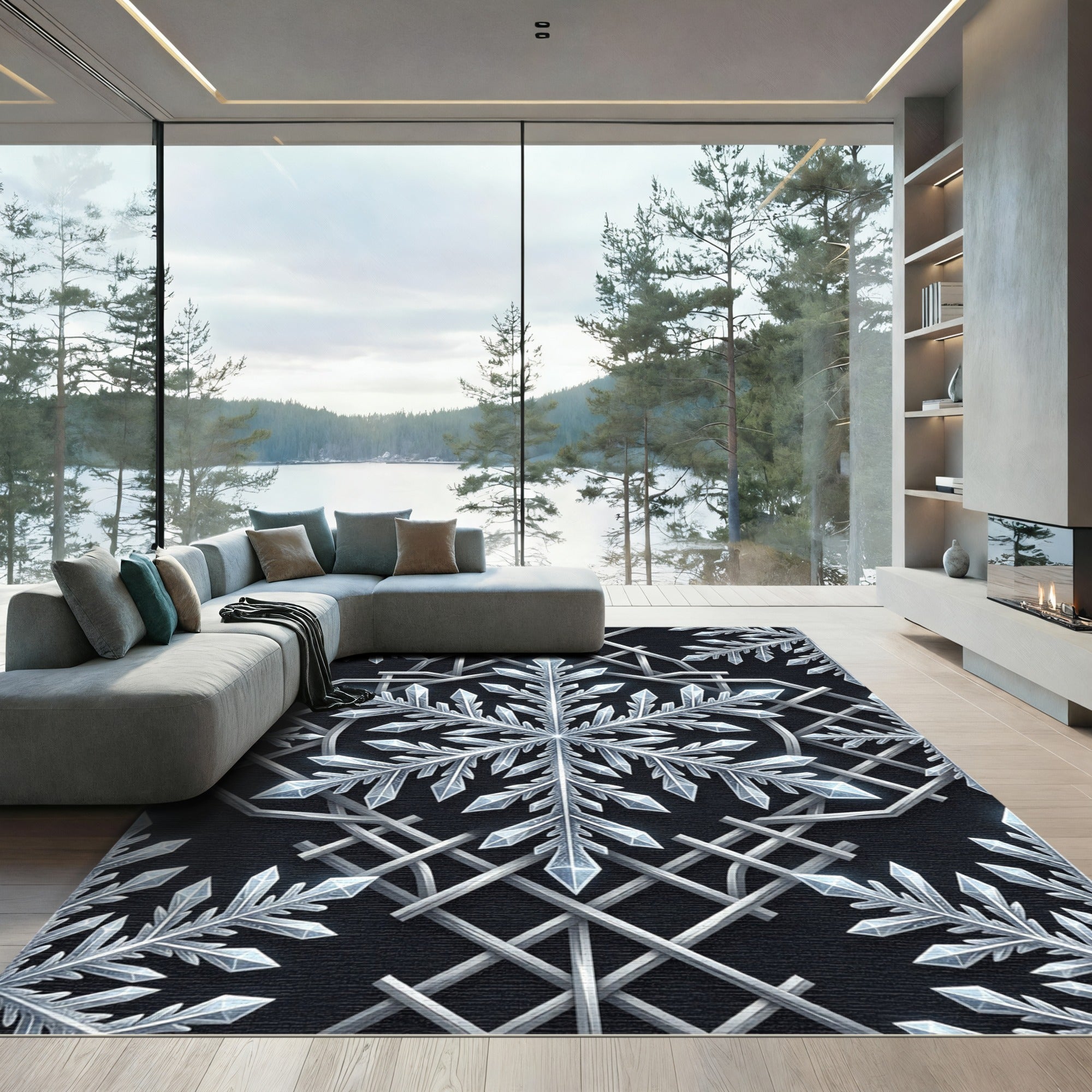 Silver Geometric Crystallized Snowflake Rug