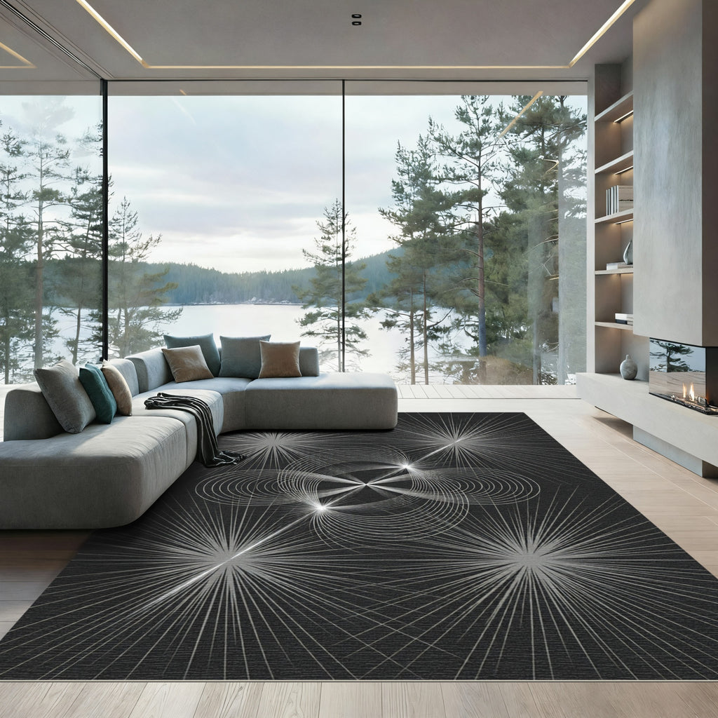 Silver Starburst Swirl Abstract Rug