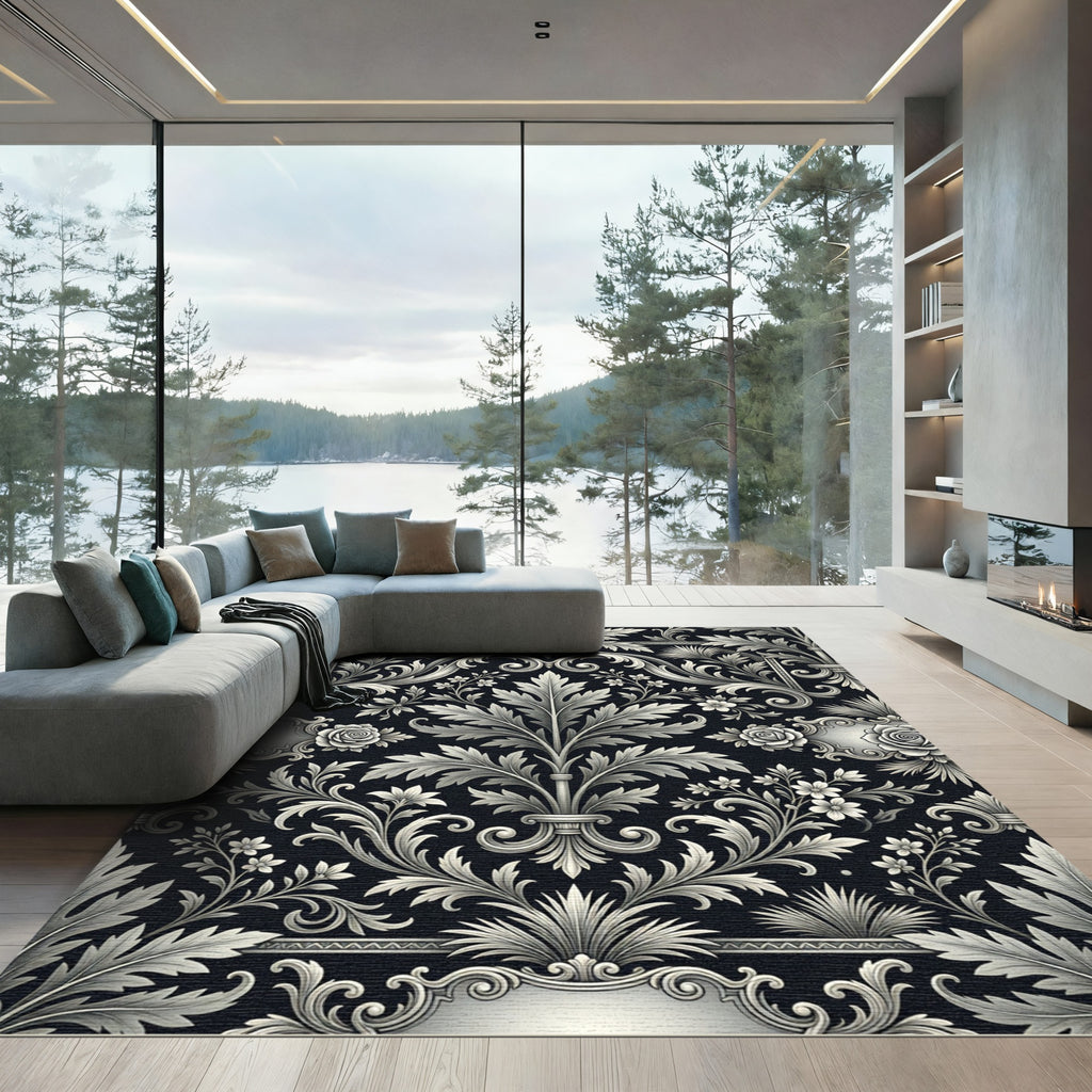 Elegant Black Floral Scrollwork Rug