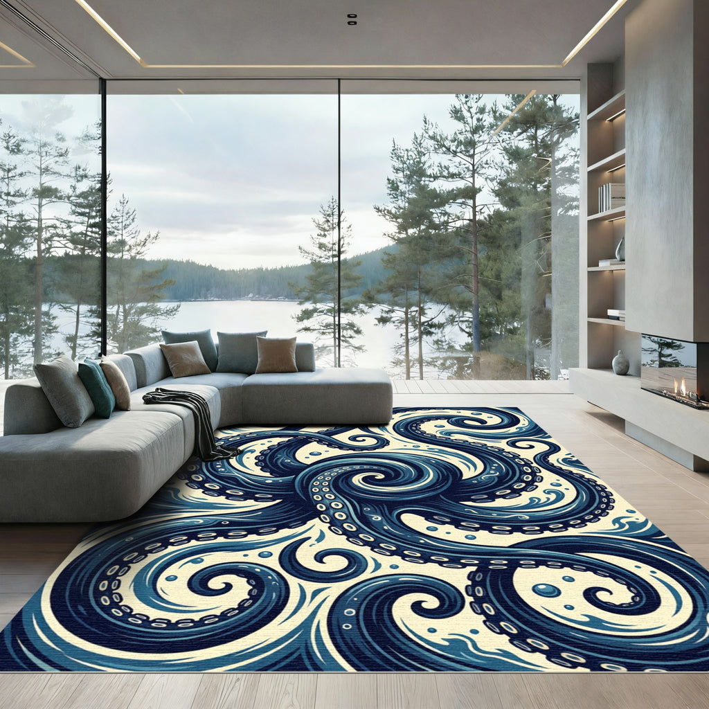 Deep Blue Oceanic Octopus Tentacle Swirl Rug