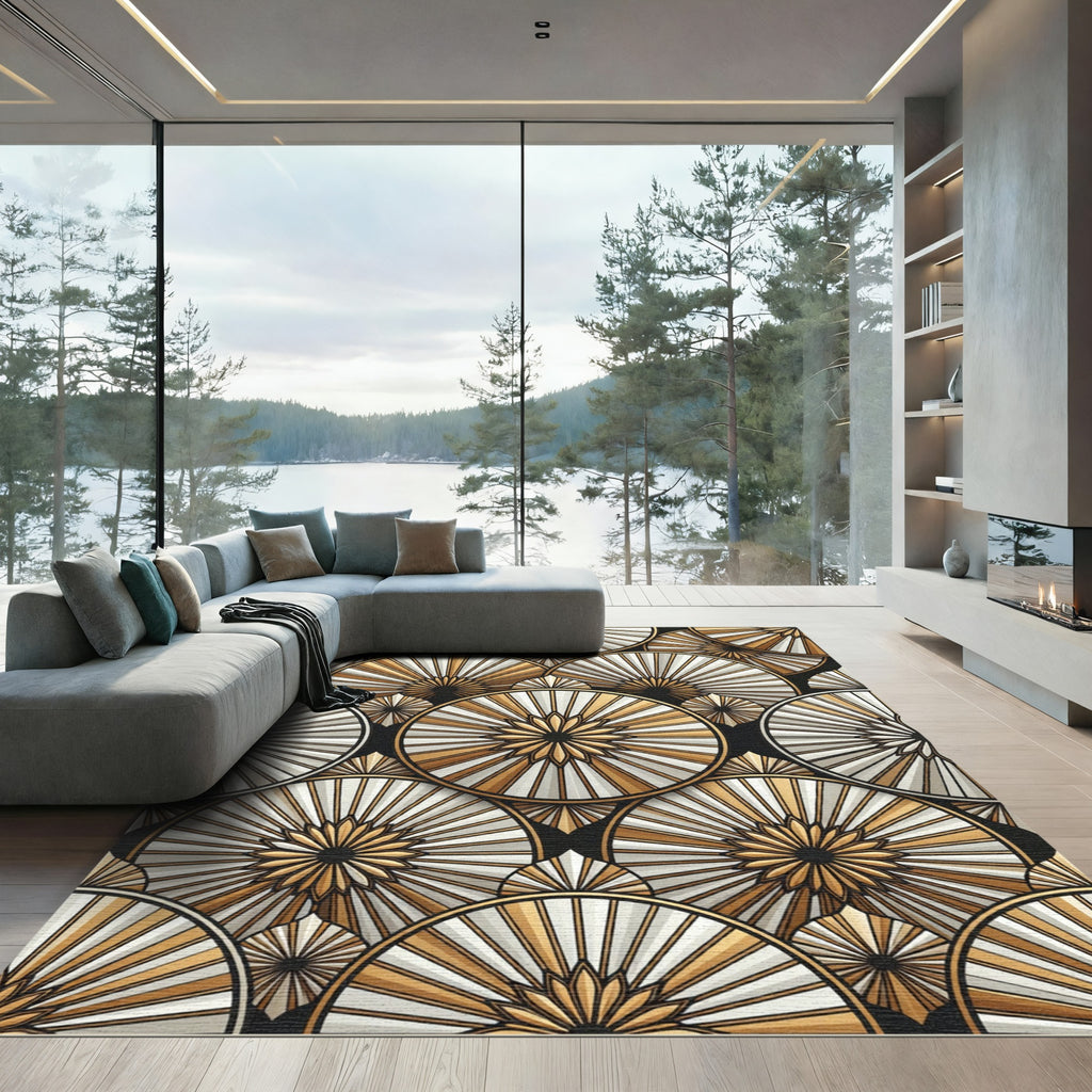 Art Deco Gold White Sunburst Circles Rug