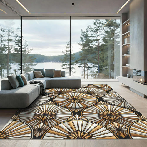 Art Deco Gold White Sunburst Circles Rug