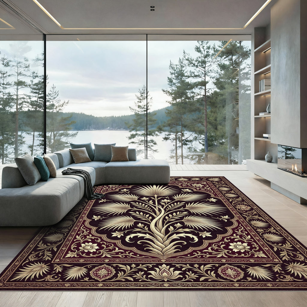 Rich Burgundy Ornate Palm Tree Garden Rug