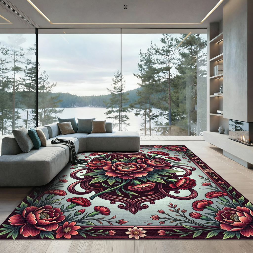 Vintage Crimson Floral Botanical Medallion Rug