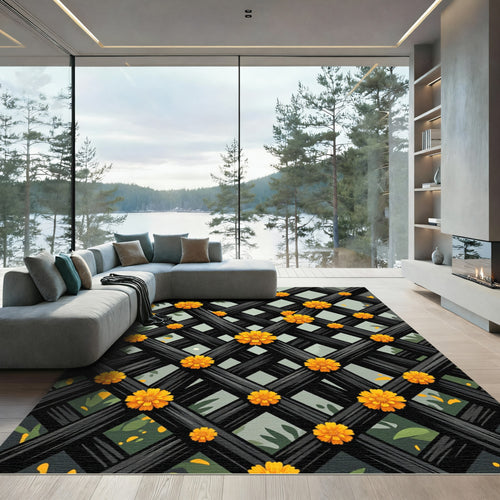 Black Lattice Orange Blossom Garden Rug