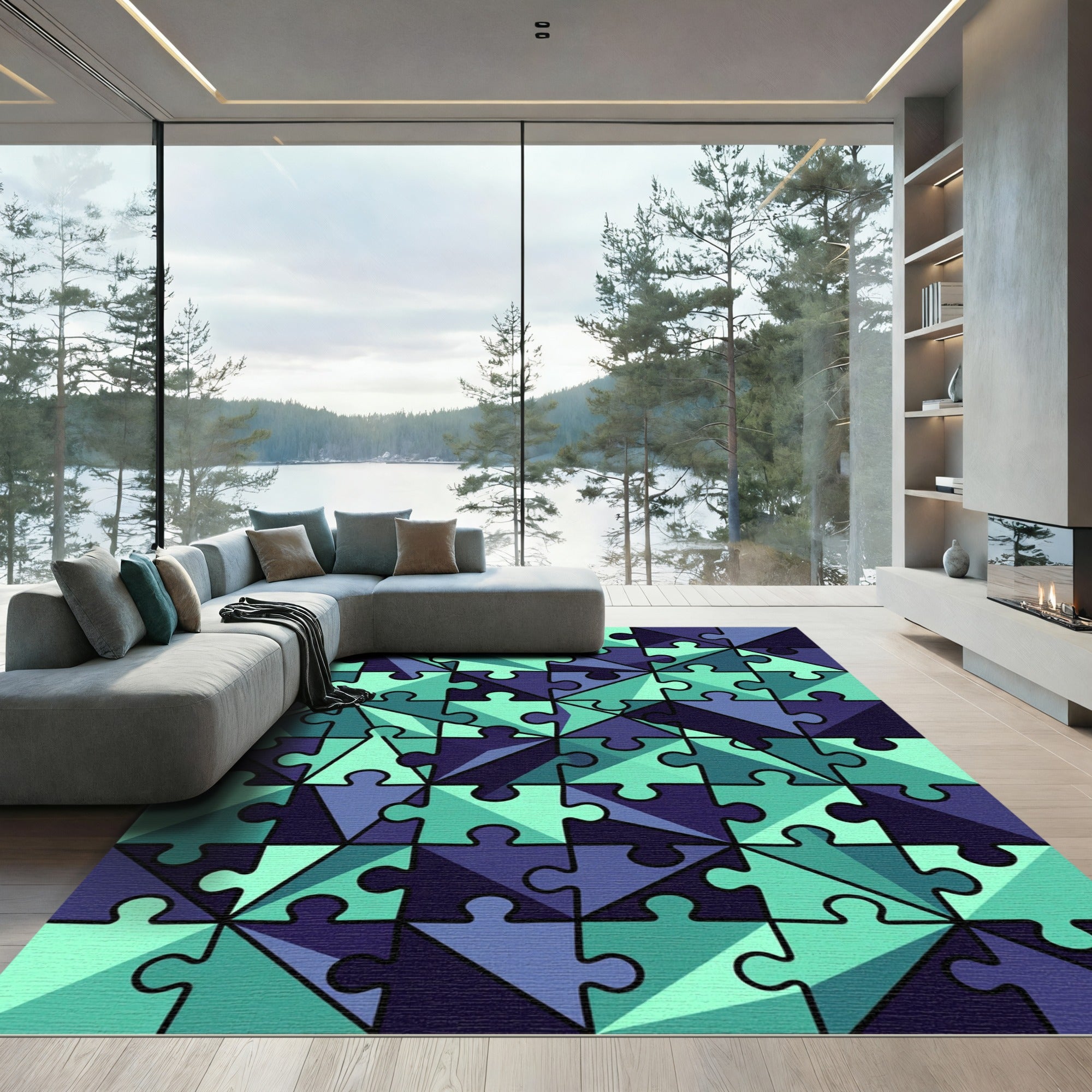 Geometric Teal and Navy Jigsaw Tile Rug