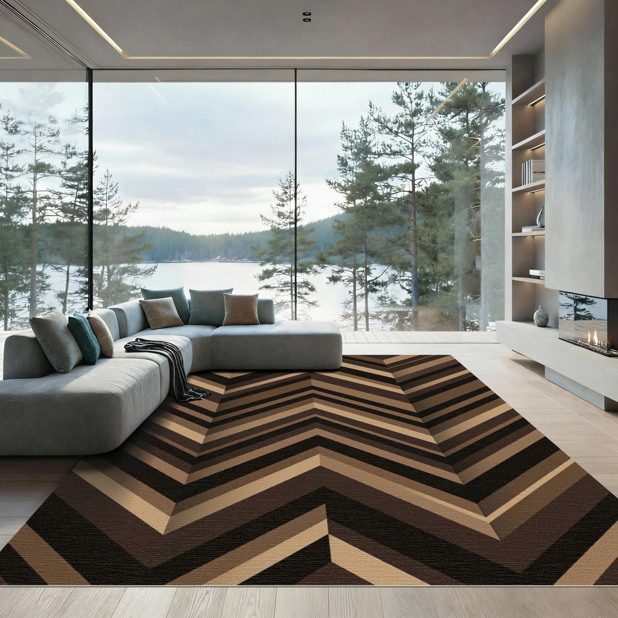 Modern Bronze Geometric Chevron Stripe Rug