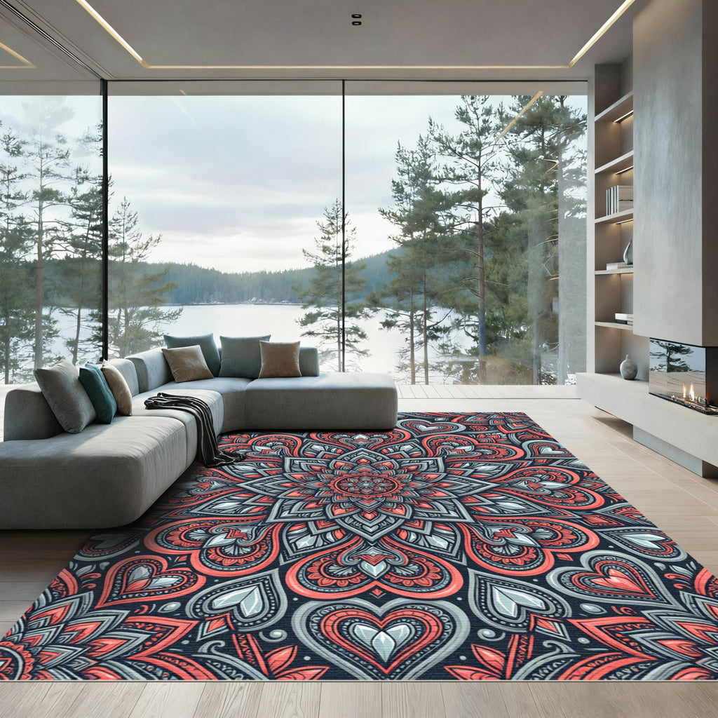 Coral and Slate Heart Mandala Rug