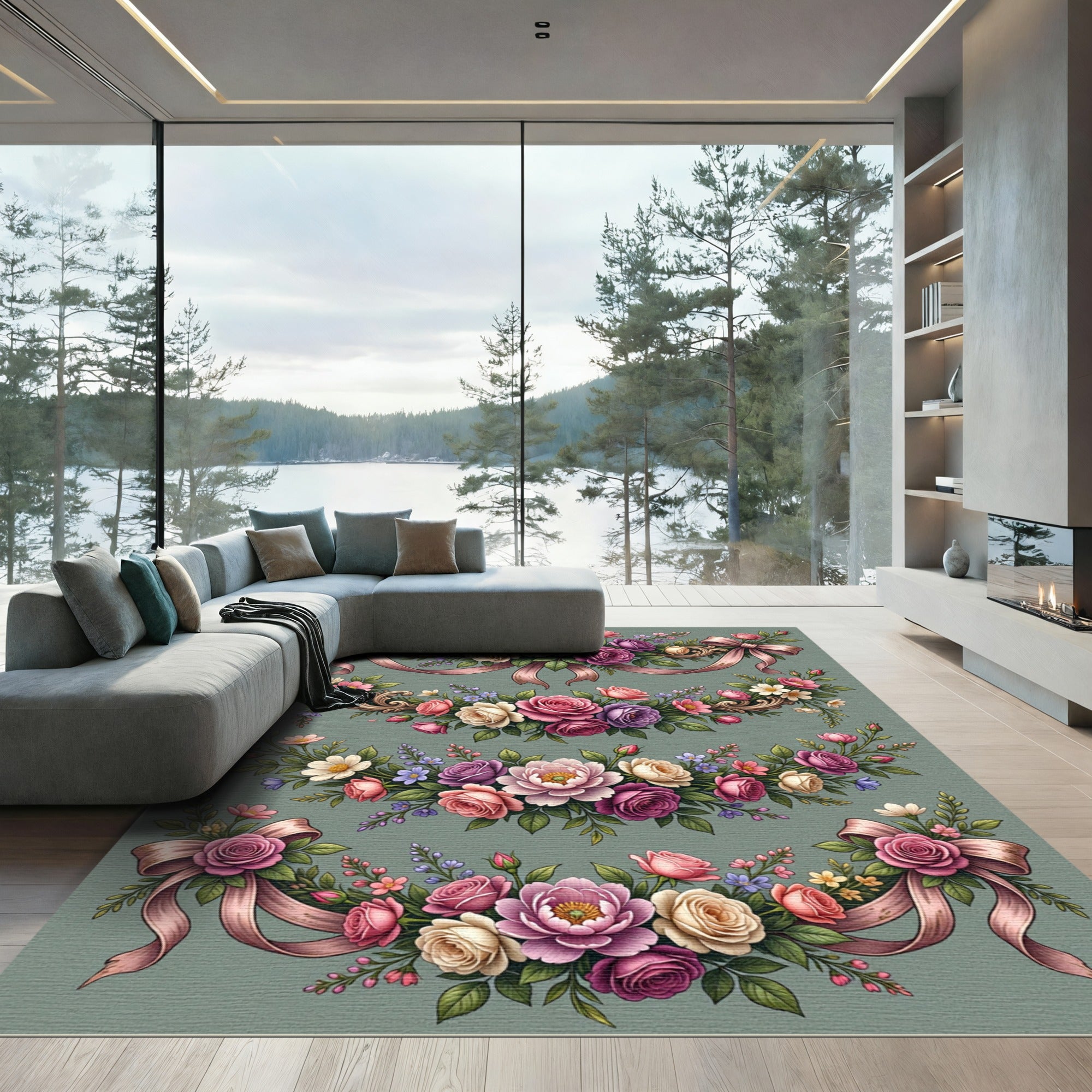 Elegant Blush Rose Garland Floral Arrangement Rug