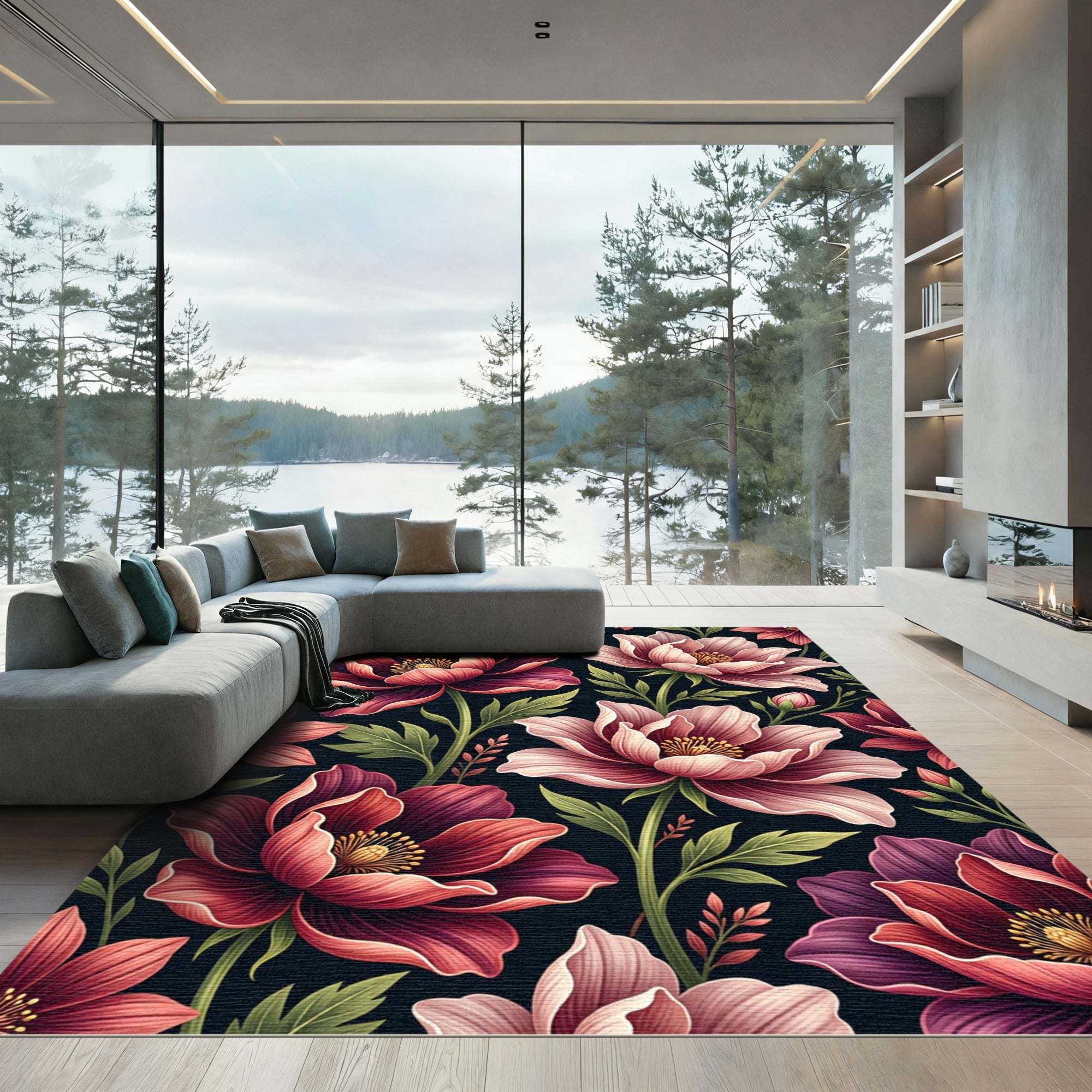 Moody Burgundy and Blush Botanical Floral Rug