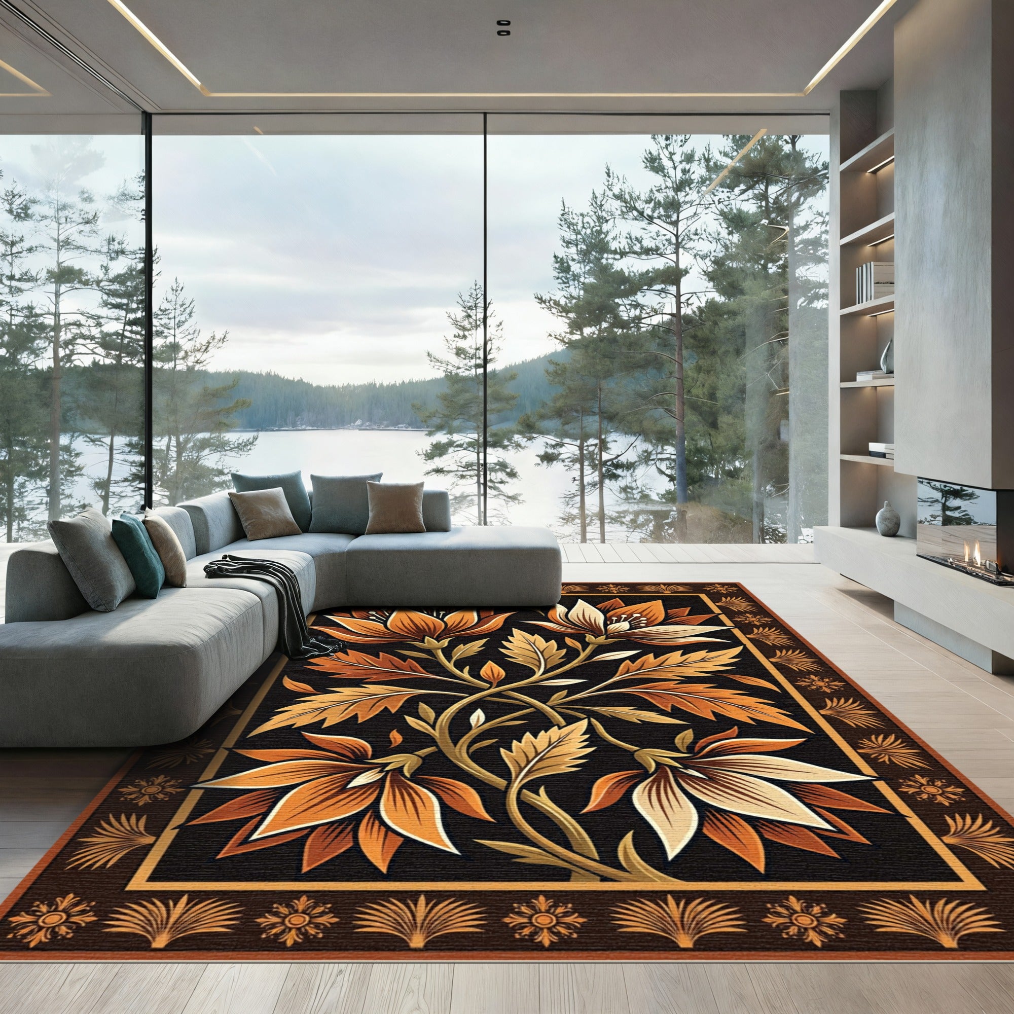 Ornate Golden Floral Scroll Wall Art Rug