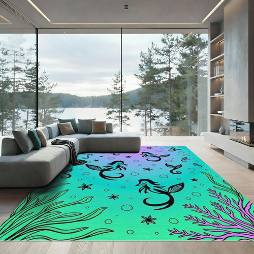 Aqua Purple Gradient Seahorse Swirls Rug