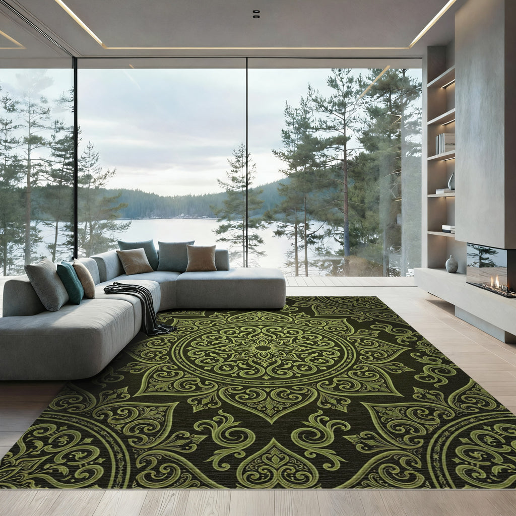 Olive Green Ornate Floral Damask Rug
