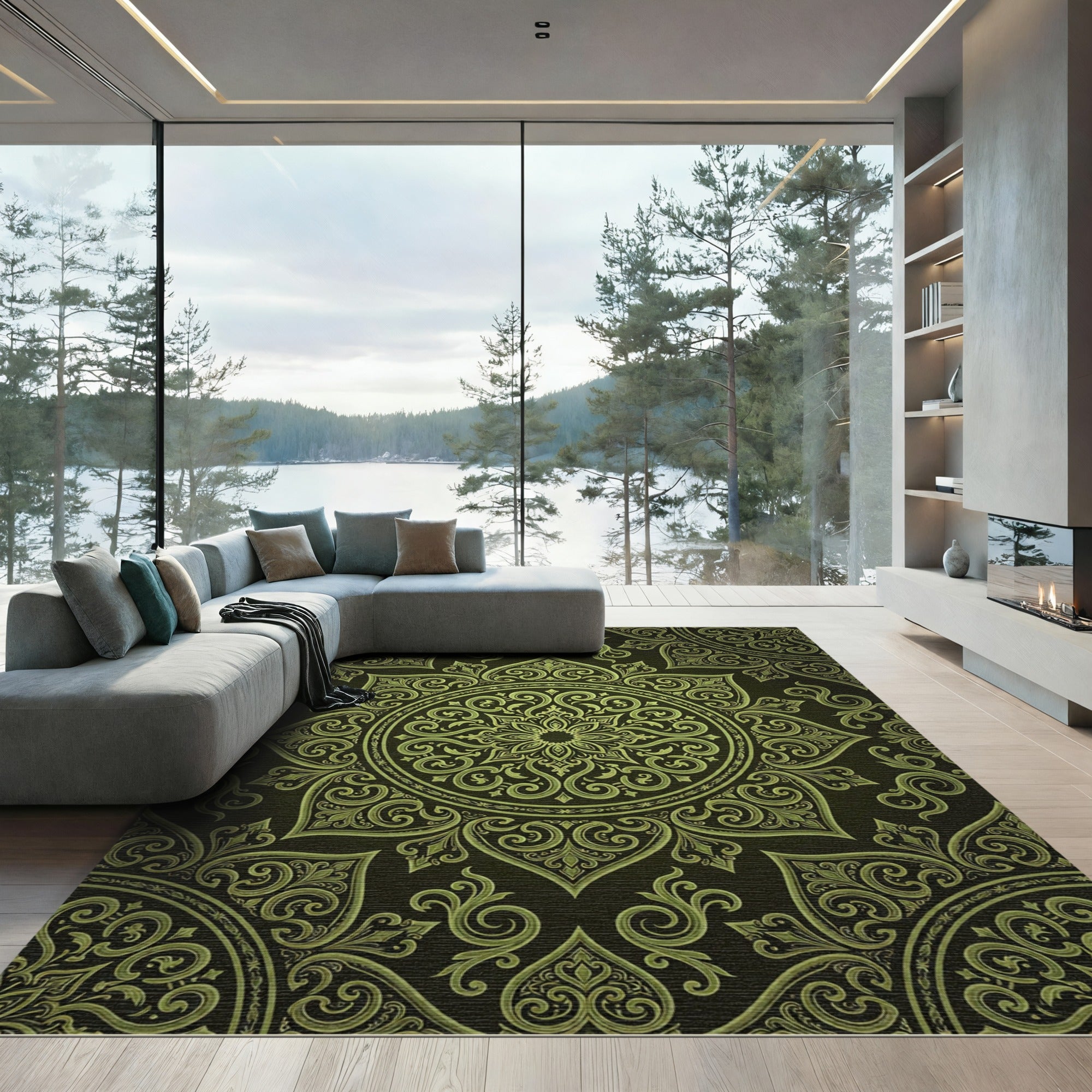 Olive Green Ornate Floral Damask Rug