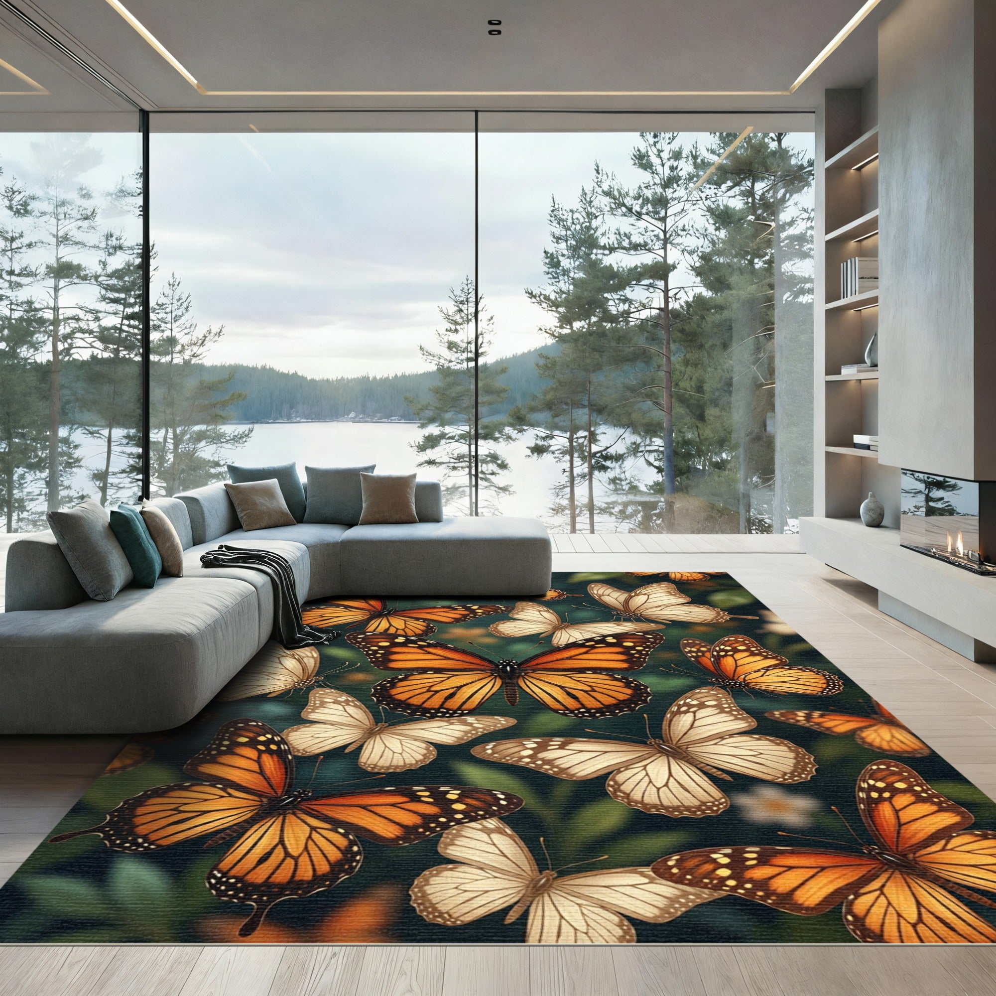 Whimsical Orange Butterfly Garden Meadow Rug