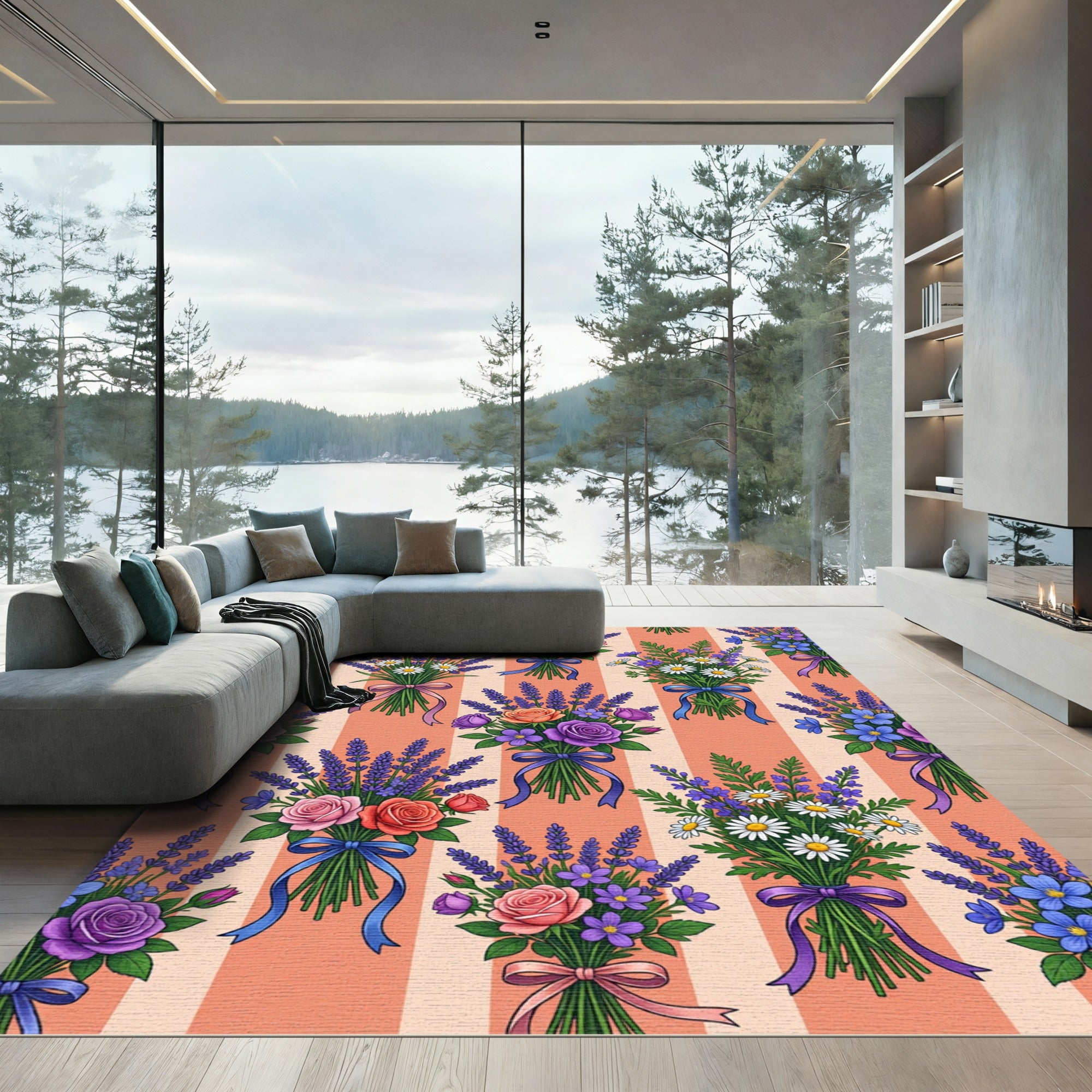 Lavender Rose Daisy Garden Striped Rug