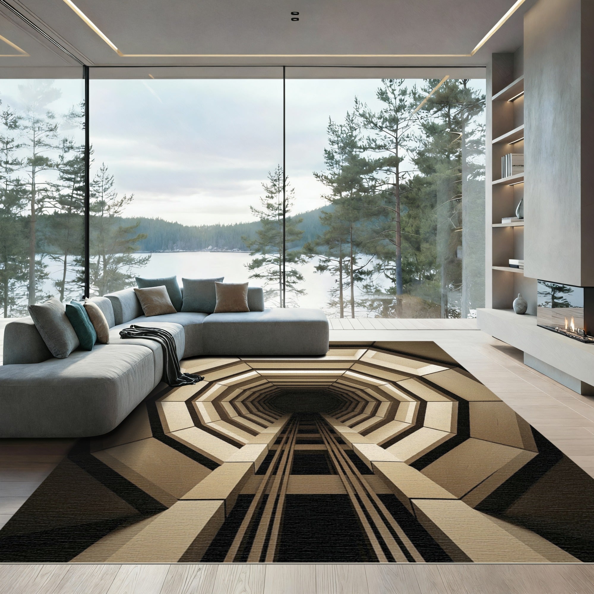 Sophisticated Cream Monochromatic Geometric Tunnel Rug