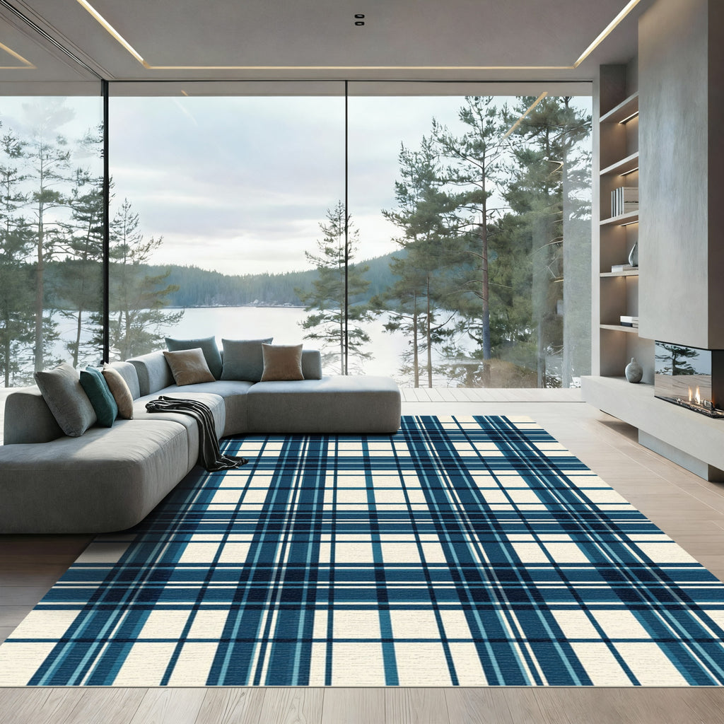 Navy Blue Classic Plaid Tartan Rug