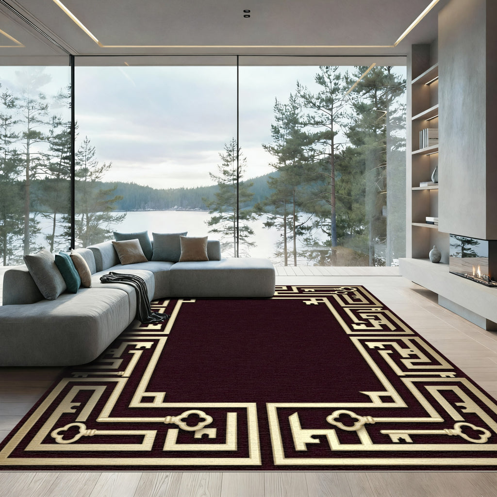 Golden Key Geometric Border Rug