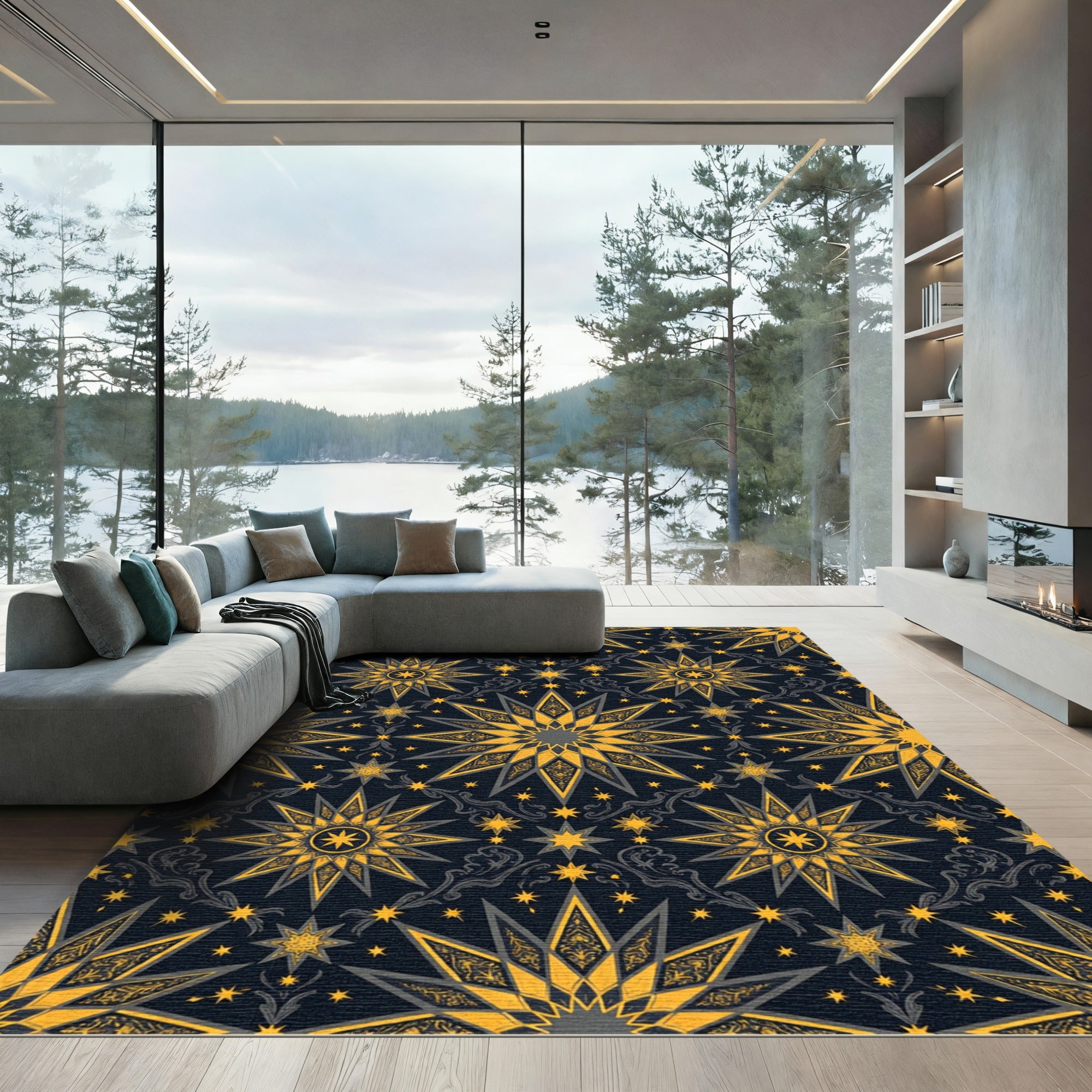 Golden Starburst Dark Night Tapestry Rug