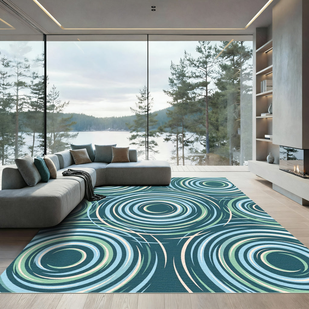 Modern Teal Blue Concentric Swirl Rug
