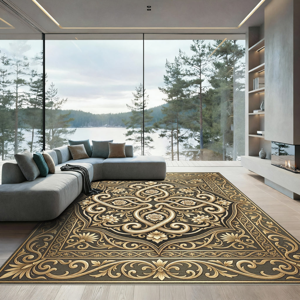 Ornate Gold Floral Interlace Rug