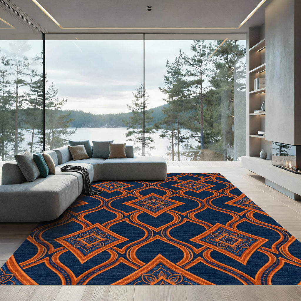 Navy and Amber Geometric Quatrefoil Medallion Rug