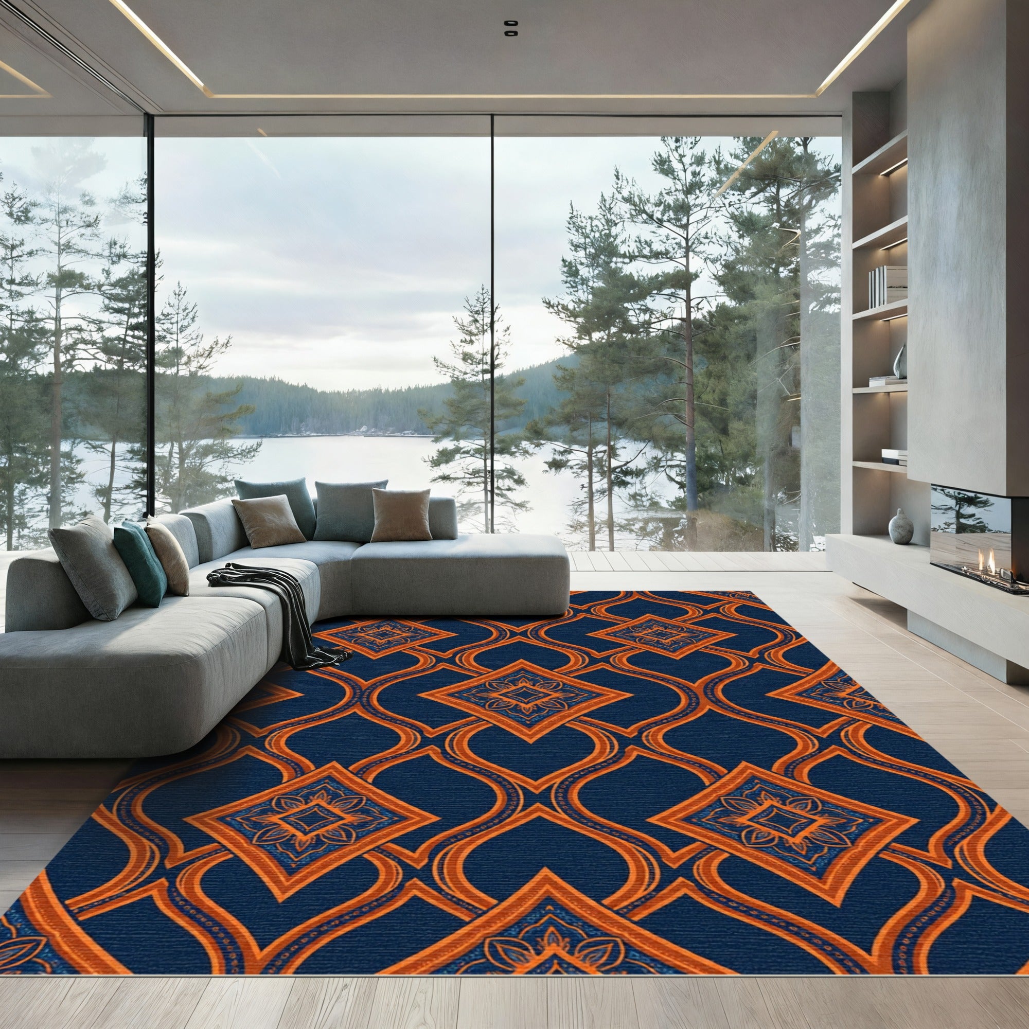 Navy and Amber Geometric Quatrefoil Medallion Rug