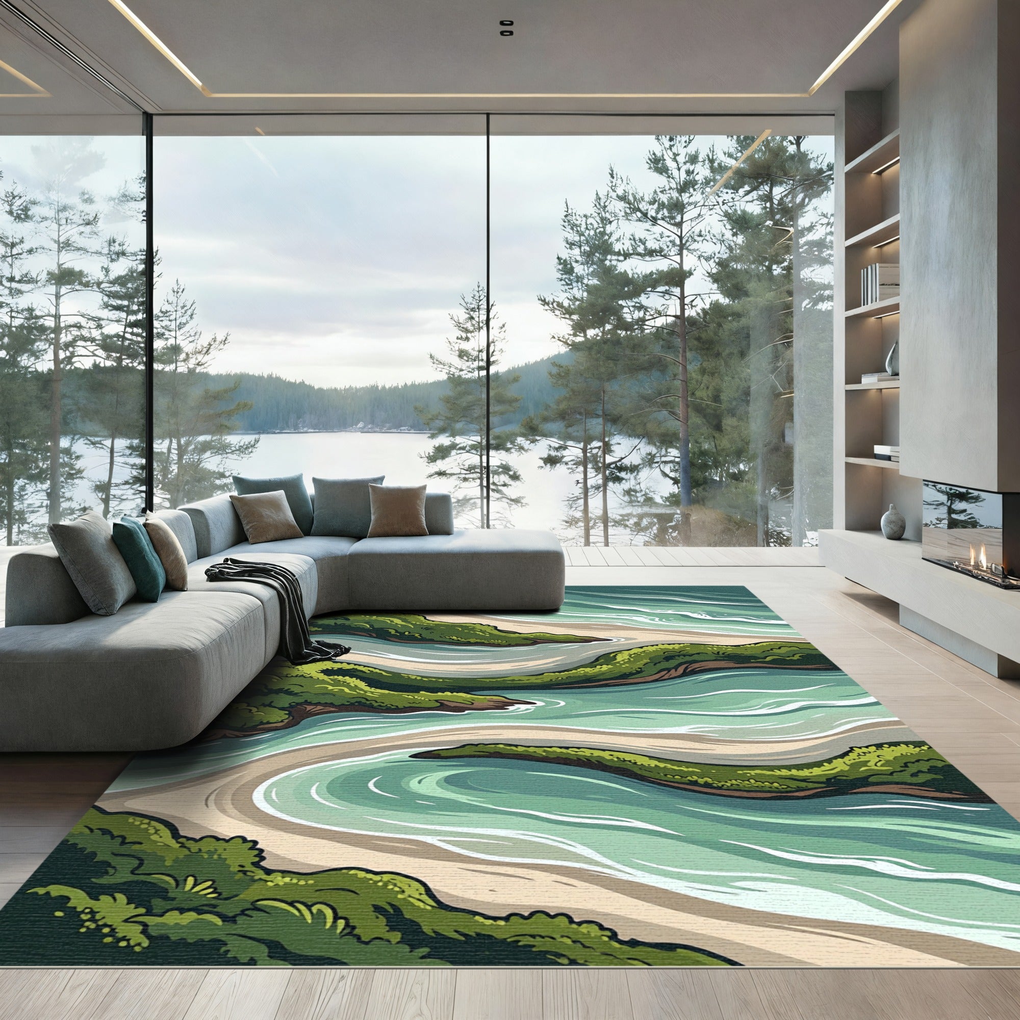 Coastal Greenery Azure Waves Rug