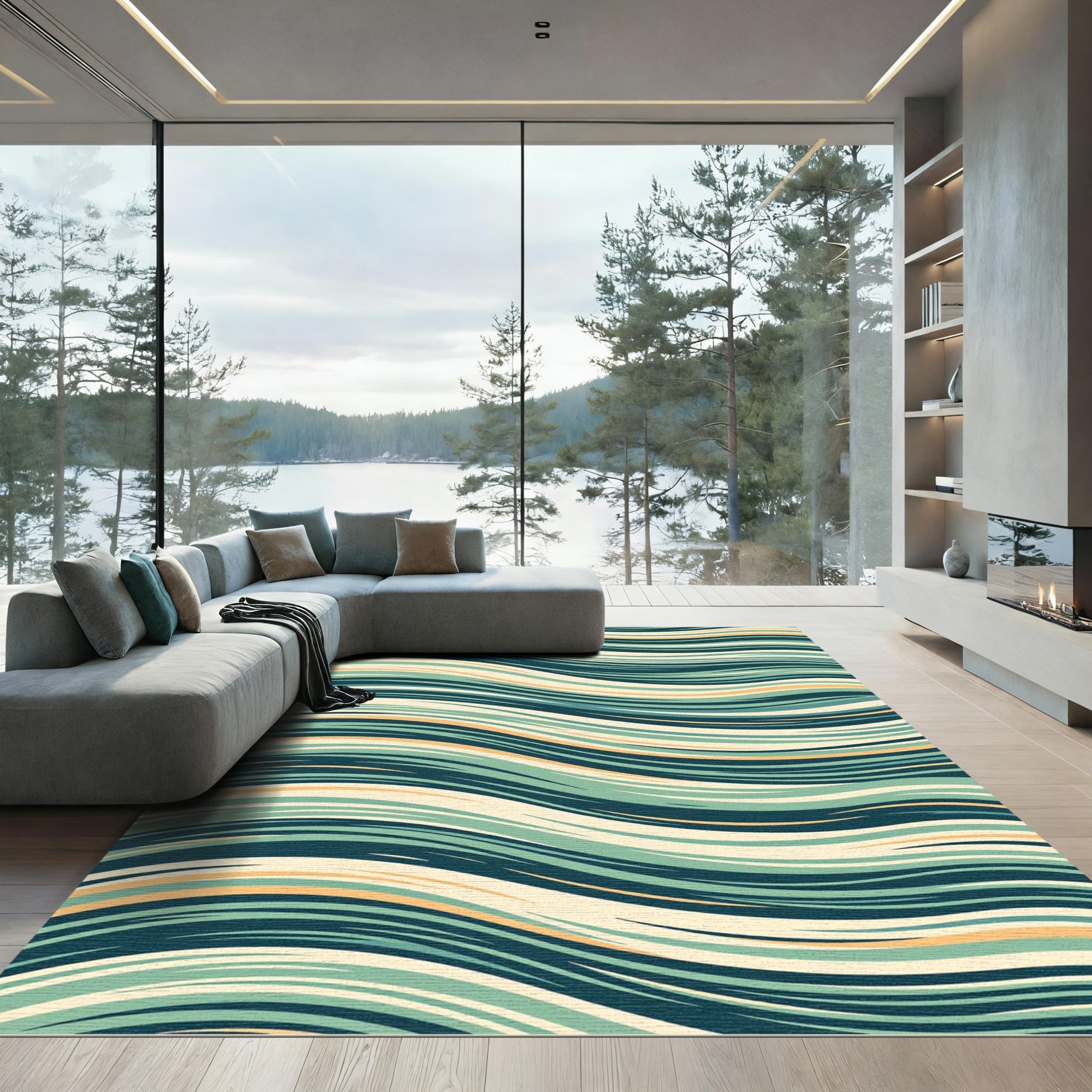 Sage and Teal Mid-Century Wavy Stripe Rug