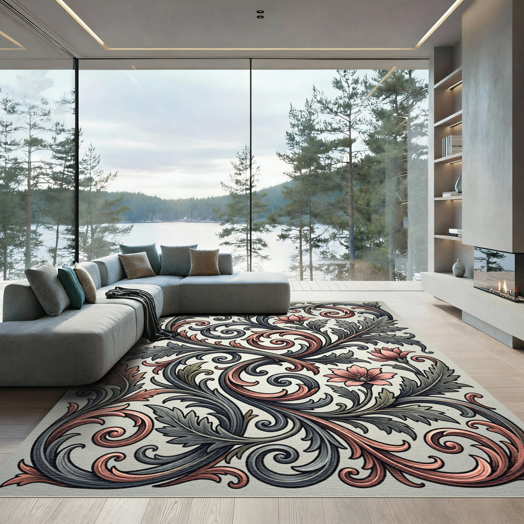 Coral Pink Opulent Floral Scroll Rug
