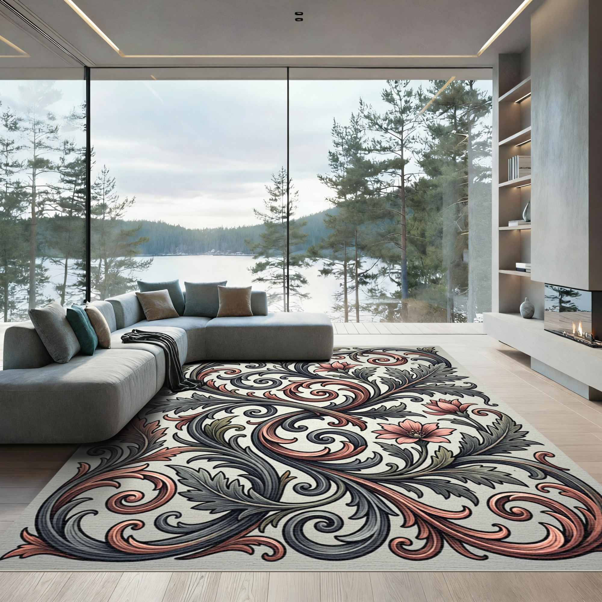 Coral Pink Opulent Floral Scroll Rug