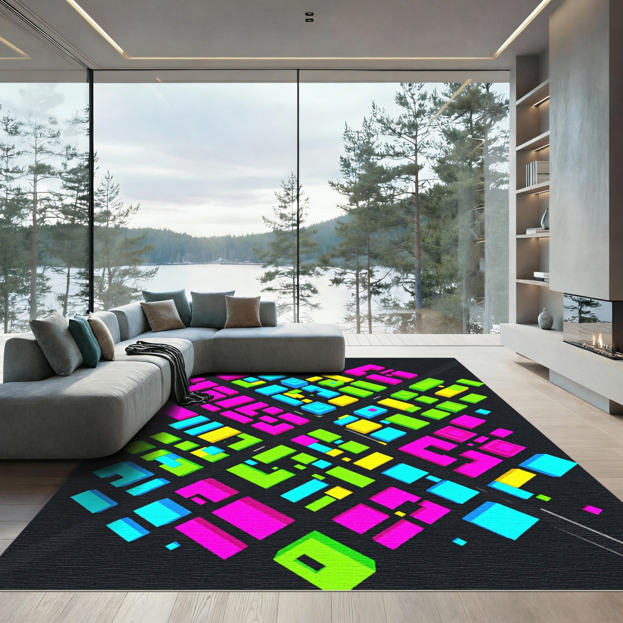 Neon Geometric Grid Abstract Pixel Art Rug